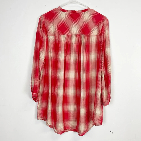 Torrid Ruffle Neck Blouse Womens Plus Size 2X 18 20 Red Pink Plaid Tunic Shirt - Picture 2 of 10